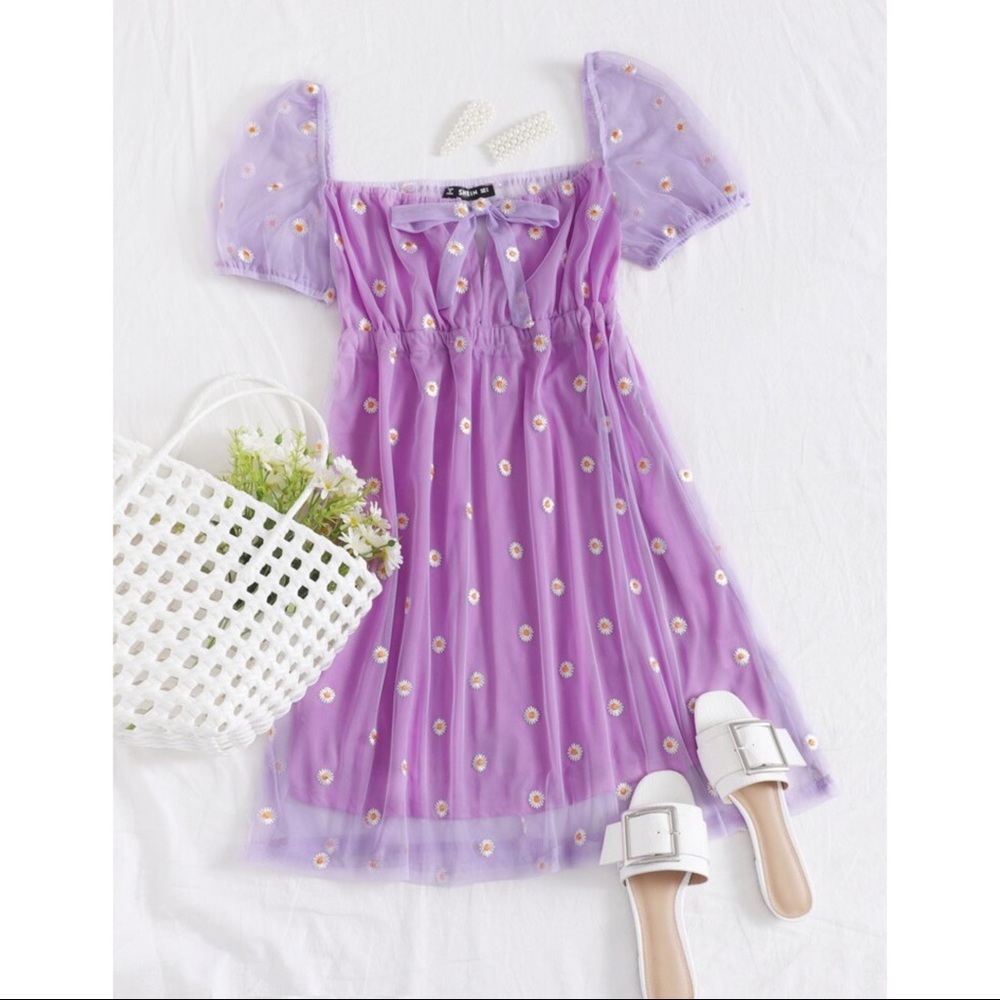 Embroidered Daisy Print Mesh Tie-Front Dress